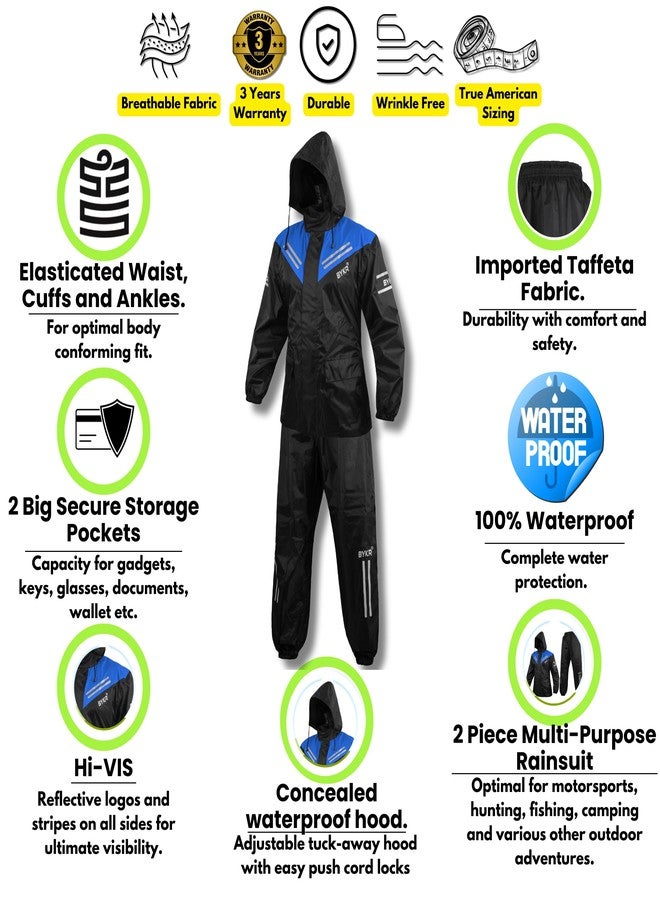 BYKR Waterproof Outdoors Motorcycle Rain Suits for Men & Women Cycling 2-Piece Breathable & Windproof Wet Weather Protection Motocross Rain Gear Reflective Rainwear All Sports Riding Rainsuit Blue S - Image 2