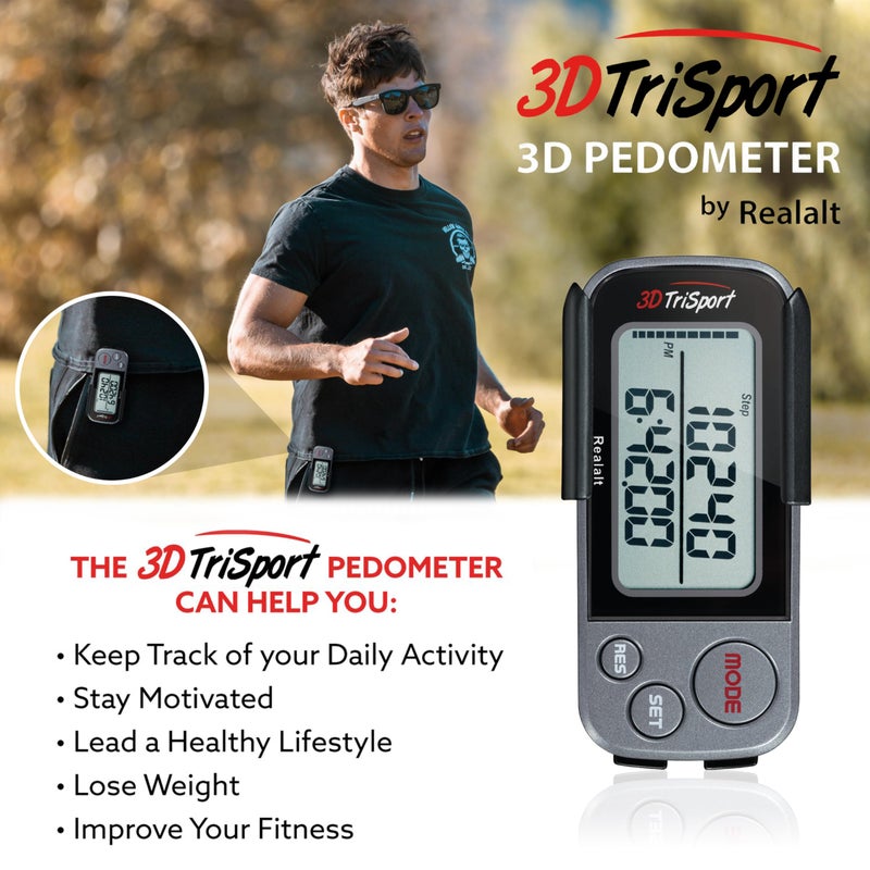 Realalt 3DTriSport Walking 3D Pedometer with Clip & Strap, eBook Included | 30 Days Memory, Accurate Step Counter, Walking Distance Miles/Km, Calorie Counter, Daily Exercise Time Monitor - Grey/Black - Image 3