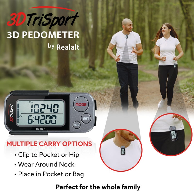 Realalt 3DTriSport Walking 3D Pedometer with Clip & Strap, eBook Included | 30 Days Memory, Accurate Step Counter, Walking Distance Miles/Km, Calorie Counter, Daily Exercise Time Monitor - Grey/Black - Image 5