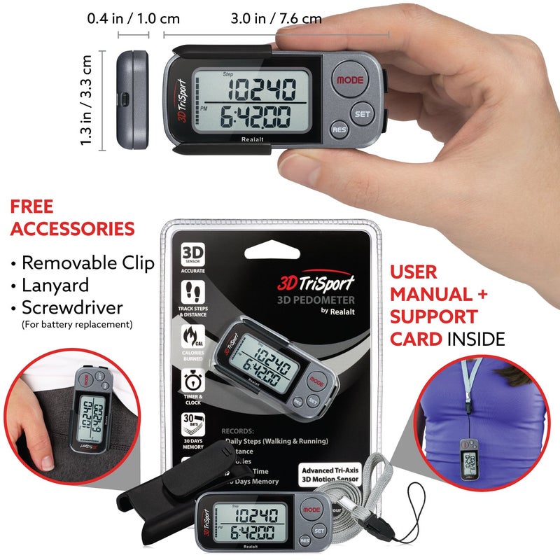 Realalt 3DTriSport Walking 3D Pedometer with Clip & Strap, eBook Included | 30 Days Memory, Accurate Step Counter, Walking Distance Miles/Km, Calorie Counter, Daily Exercise Time Monitor - Grey/Black - Image 4