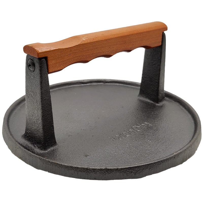 Mr. Bar-B-Q Mr BarBQ 06681Y Cast Iron Grill Press PreSeasoned Base Hardwood Handle Burger Cooks Food Evenly Ridges on Bottom Keeps in Contact with Surface 7 Inch Press Black