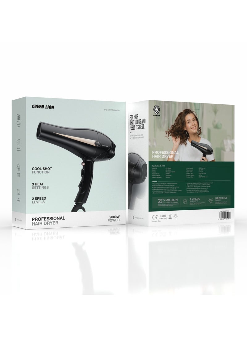 GREEN LION Professional Hair Dryer 2000W / Temperature Display / Removable Air Inlet / Auto Power Off / Powerful Motor / Ergonomic Grip / Gentle & Quick Hair Drying - Black - Image 3