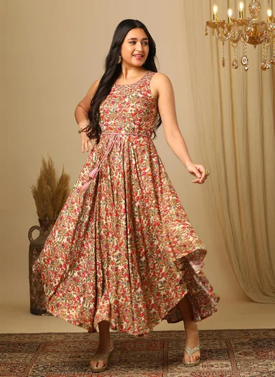 جلو باص Globus Women Embroidered A-Line Ethnic Maxi Dress With Belt Festive Set