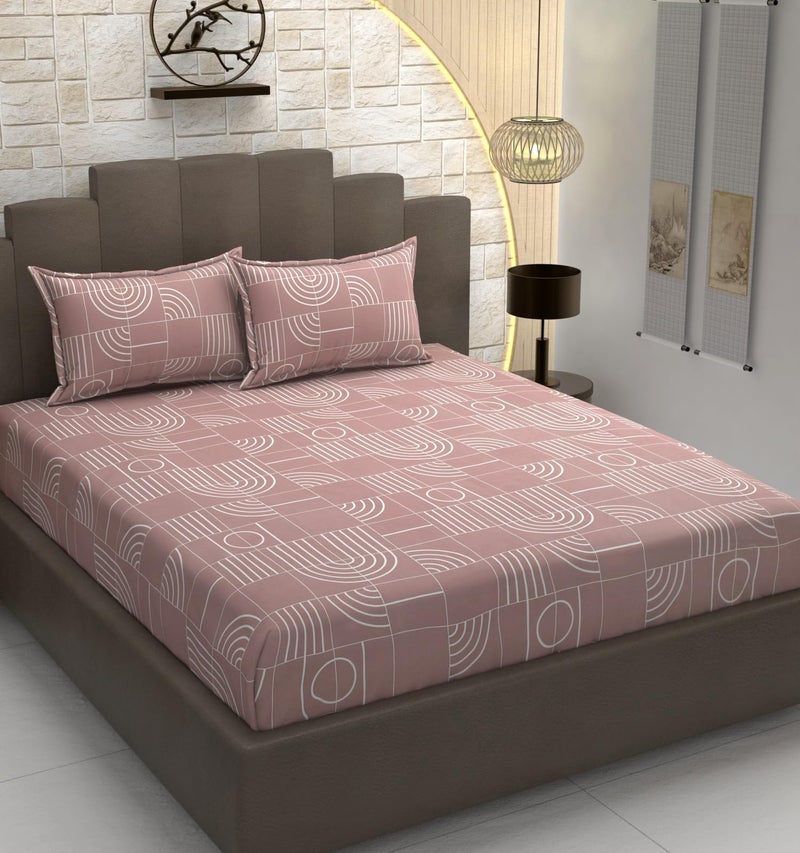 TIB Glace Cotton Elastic Fitted Double Super King Bedsheet With 2 Pillow Covers (72 X 78 X 12 Inches Fit Up To Mattress) King Size Bed Sheets, Pink Geometric, 300 Tc - Image 1