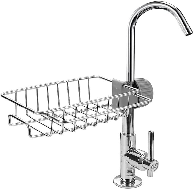 FavHome Kitchen Sink Side Caddy Organizer Over Faucet Sponge Storage Holder, Stainless Steel,Countertop Organizing Dish Drainer Soap Tray for Scrubbers, Soap, Bathroom, Detachable (Faucet Rack) - 1 Pc - Image 1