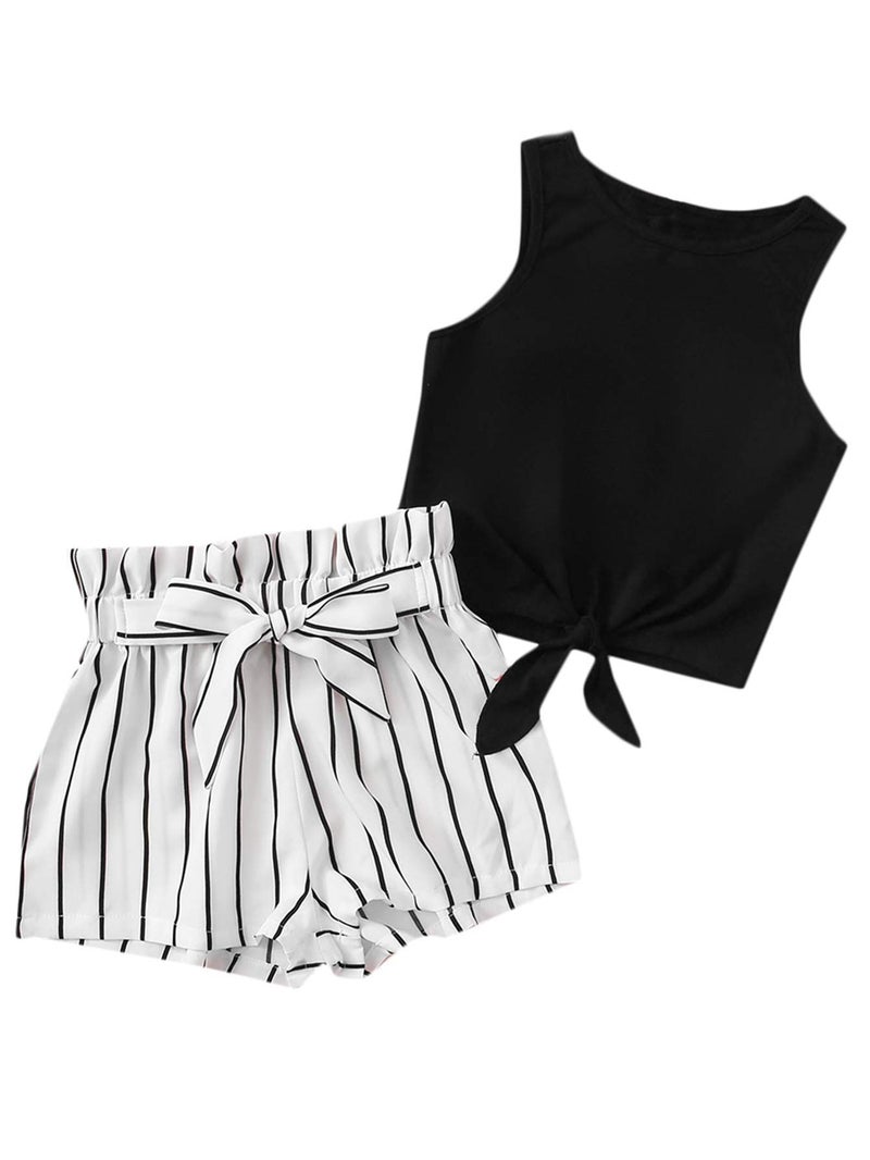 OYOANGLE Girl's 2 Piece Outfits Summer Tie Knot Tank Top and Paperbag Waist Striped Shorts Set Black and White 8Y - Image 1