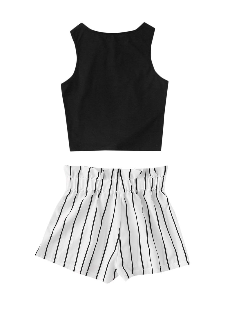 OYOANGLE Girl's 2 Piece Outfits Summer Tie Knot Tank Top and Paperbag Waist Striped Shorts Set Black and White 8Y - Image 2