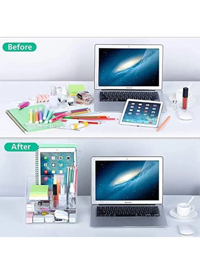 SMARTPOINTS - Acrylic Desk Organizer All in One Office Supplies Accessories 5 Compartments with 2 Drawers for Home/Office/Makeup Desktop Organization & Decor Clear - Image 1