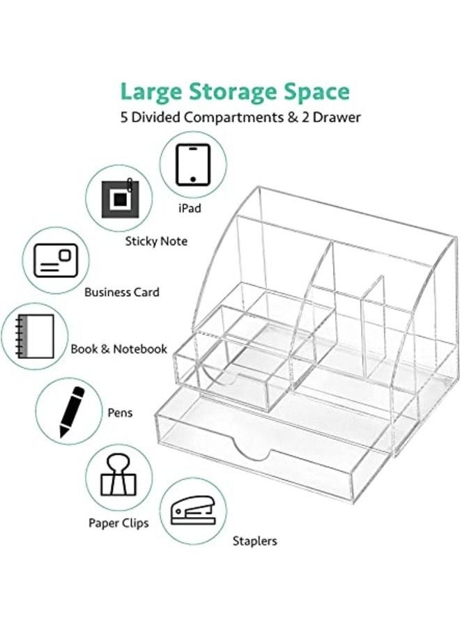 SMARTPOINTS - Acrylic Desk Organizer All in One Office Supplies Accessories 5 Compartments with 2 Drawers for Home/Office/Makeup Desktop Organization & Decor Clear - Image 1