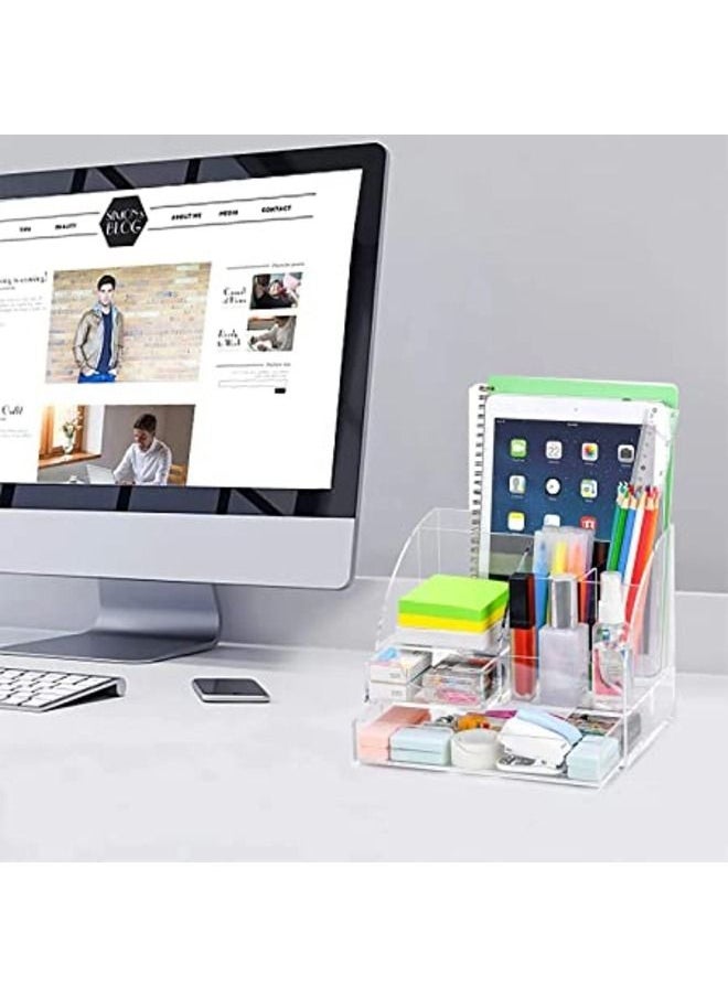 SMARTPOINTS - Acrylic Desk Organizer All in One Office Supplies Accessories 5 Compartments with 2 Drawers for Home/Office/Makeup Desktop Organization & Decor Clear - Image 1