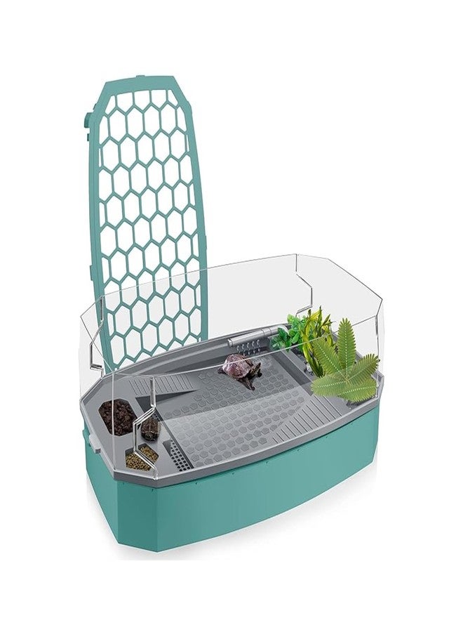 Rizopets Acrylic Turtle Aquarium with Filter, Turtle Reptile Habitat Tank with Basking, Swimming, Breeding, Hibernation & Feeding Platform (Medium, Green) - Image 1