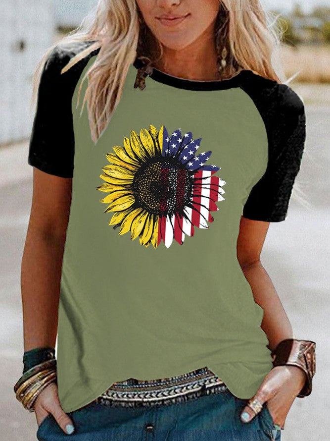 wish flag sunflower pattern printed Raglan contrast color short sleeve t-shirt - Image 4