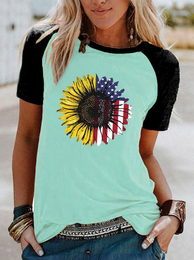 wish flag sunflower pattern printed Raglan contrast color short sleeve t-shirt - Image 5