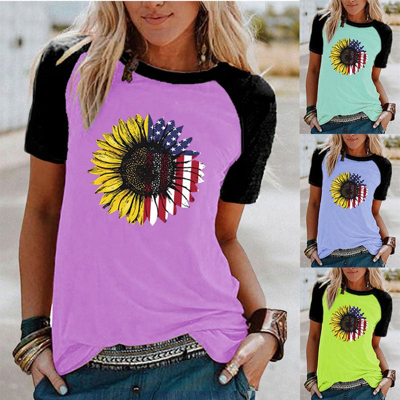 wish flag sunflower pattern printed Raglan contrast color short sleeve t-shirt - Image 2