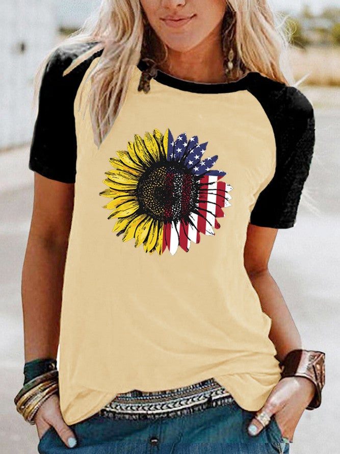 wish flag sunflower pattern printed Raglan contrast color short sleeve t-shirt - Image 3