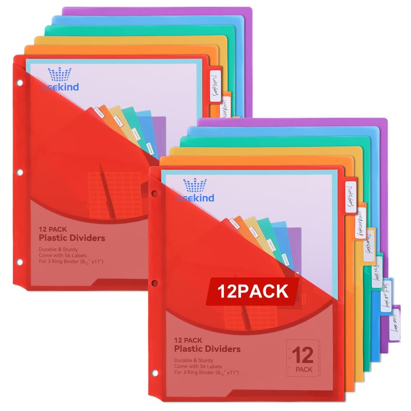 SEEKIND 12 Pack Binder Dividers with Pocket,12 Tab Binder Dividers for 3 Ring Binders,Subject Dividers for US Letter Size in 0.5, 1, 2, 3 inch Binders, Multicolor (12) - Image 1