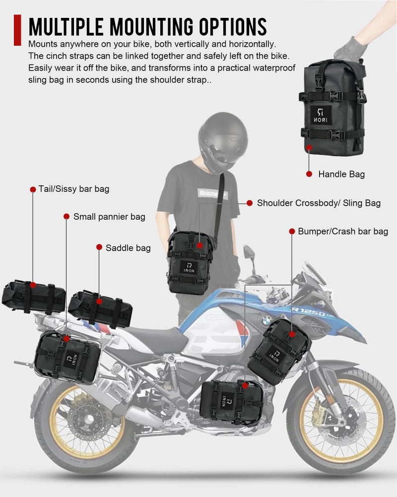 RIDEIRON حقيبة بار crash للدراجات النارية RIDEIRON مقاومة للماء 5L*2 قطع حقيبة جانبية مع حزام كتف حقيبة ذيل أمتعة أدوات جافة PVC سفر مشي - Image 3