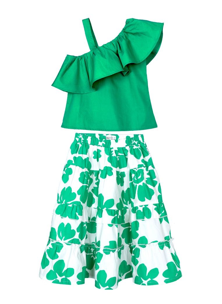 AIKO - Girls cotton White and Green Floral Pattern Top and Skirt Set 11-12Years - Image 1