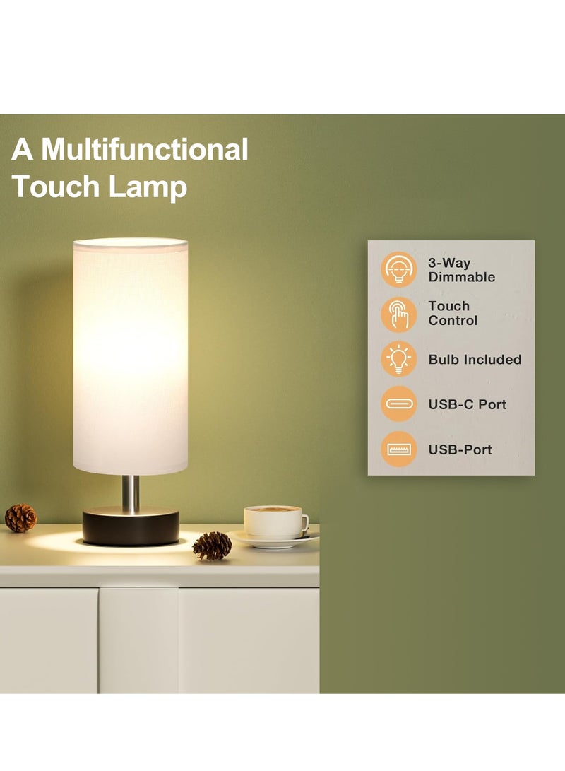AMINAC Touch Table Lamp with USB Charging Port - 3-Level Dimmable Bedside Lamp for Bedroom, LED Desk Lamp for Home Office, Black Base White Shade (Includes LED Bulb) - Image 2