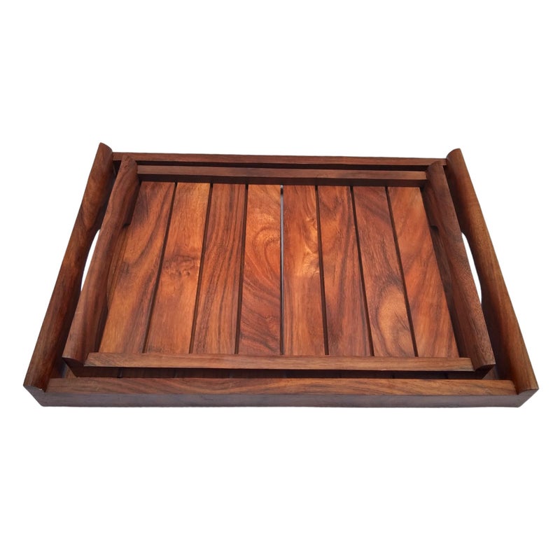 ITOS365 Wooden Handmade Rectangular Shape Serving Tray Set Of 2, For Tea, Coffee, Snacks Kitchen And Dining Table - Image 3
