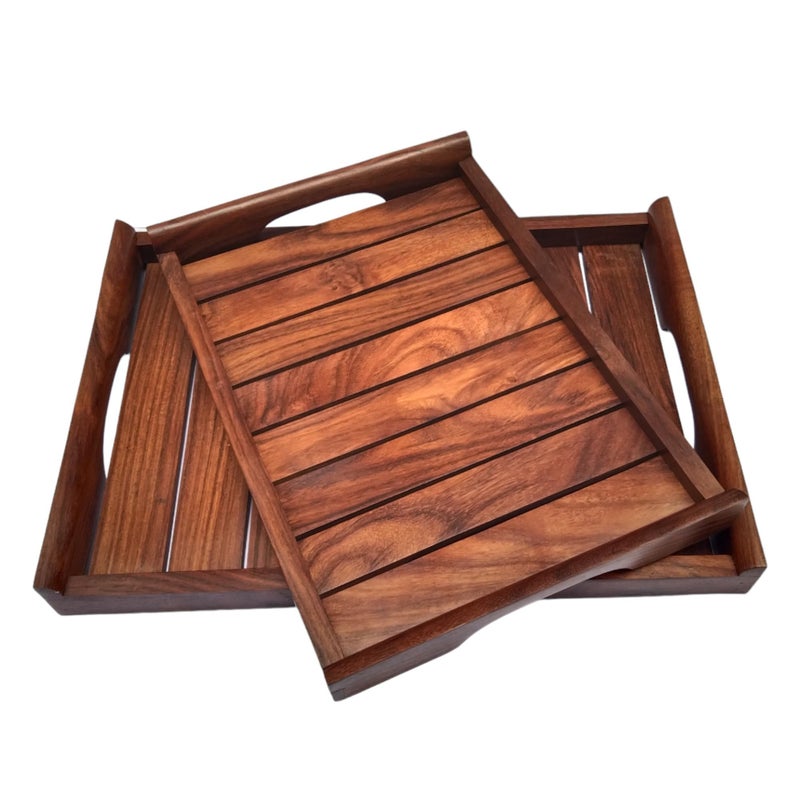 ITOS365 Wooden Handmade Rectangular Shape Serving Tray Set Of 2, For Tea, Coffee, Snacks Kitchen And Dining Table - Image 2