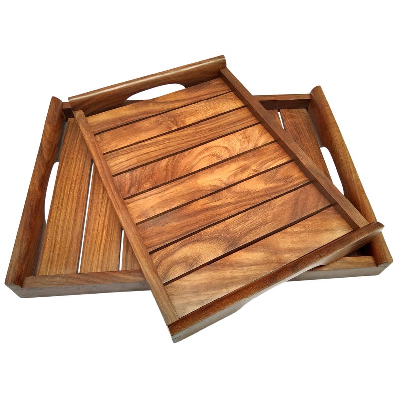 ITOS365 Wooden Handmade Rectangular Shape Serving Tray Set Of 2, For Tea, Coffee, Snacks Kitchen And Dining Table - Image 1