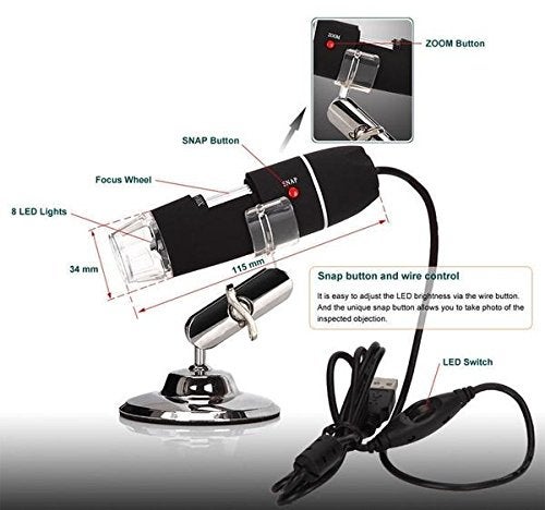 VENEKETY 1000x 2MP 8 LED USB Portable Digital Microscope/Dermascope/Endoscope Zoom Camera Magnifier +Stand - Image 2