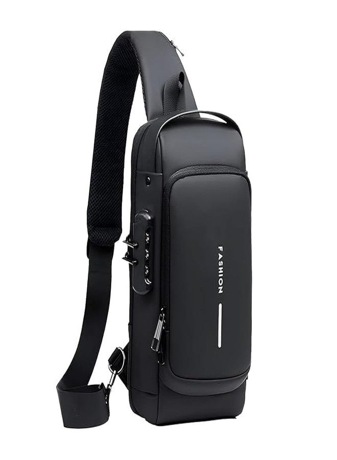 Vaigzo Multifunctional Sling Bag for Men & Women, Waterproof, with USB Charging Port, Anti-theft Lock, 32x21x9 cm (Black) - Image 1