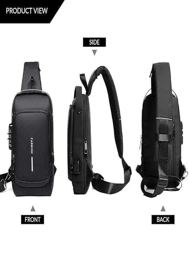 Vaigzo Multifunctional Sling Bag for Men & Women, Waterproof, with USB Charging Port, Anti-theft Lock, 32x21x9 cm (Black) - Image 5