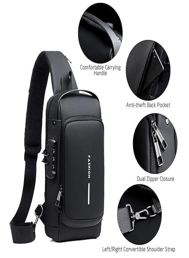 Vaigzo Multifunctional Sling Bag for Men & Women, Waterproof, with USB Charging Port, Anti-theft Lock, 32x21x9 cm (Black) - Image 3