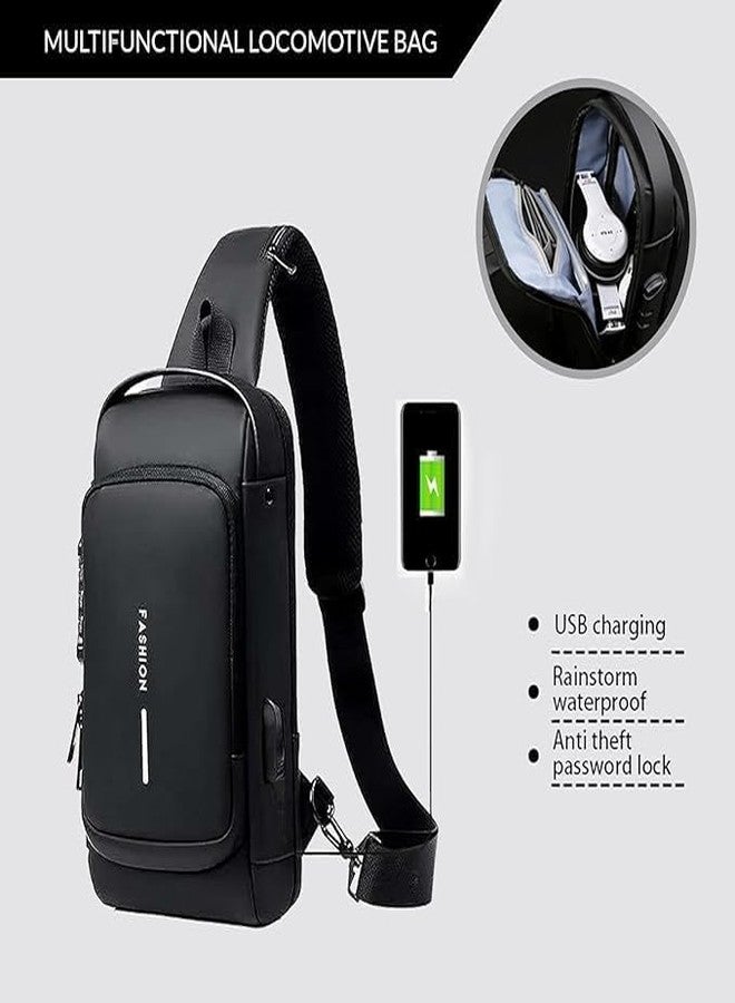 Vaigzo Multifunctional Sling Bag for Men & Women, Waterproof, with USB Charging Port, Anti-theft Lock, 32x21x9 cm (Black) - Image 4