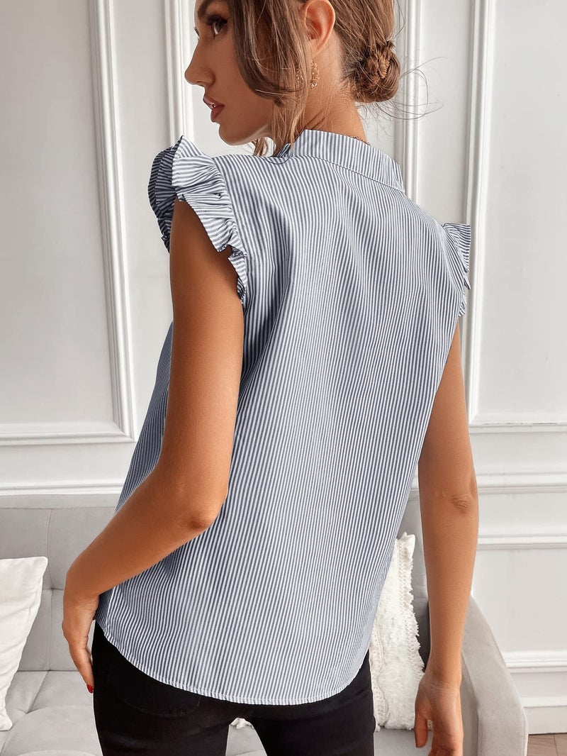 Floerns Women's Striped Notched V Neck Ruffle Cap Sleeve Blouse Tops Blue White Multi M - Image 2