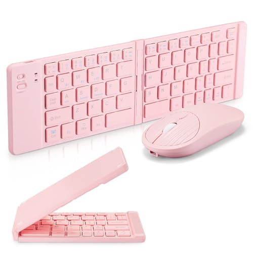 Guiheng Mini Rechargeable Foldable Bluetooth Keyboard and Mouse Combo, Portable (Sync Up to 3 Devices), Ultra-Slim Travel Folding Keyboard for iPhone iPad Mac Android Windows iOS（Pink） - Image 2