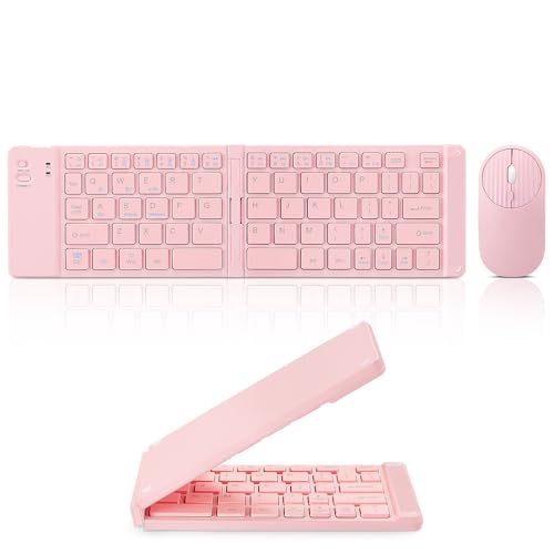 Guiheng Mini Rechargeable Foldable Bluetooth Keyboard and Mouse Combo, Portable (Sync Up to 3 Devices), Ultra-Slim Travel Folding Keyboard for iPhone iPad Mac Android Windows iOS（Pink） - Image 1