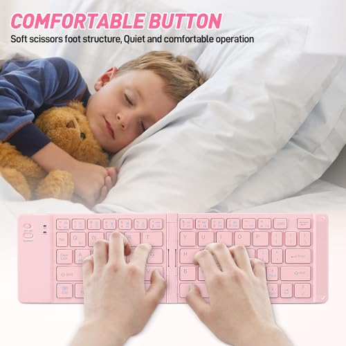 Guiheng Mini Rechargeable Foldable Bluetooth Keyboard and Mouse Combo, Portable (Sync Up to 3 Devices), Ultra-Slim Travel Folding Keyboard for iPhone iPad Mac Android Windows iOS（Pink） - Image 3