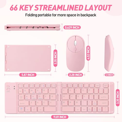 Guiheng Mini Rechargeable Foldable Bluetooth Keyboard and Mouse Combo, Portable (Sync Up to 3 Devices), Ultra-Slim Travel Folding Keyboard for iPhone iPad Mac Android Windows iOS（Pink） - Image 5