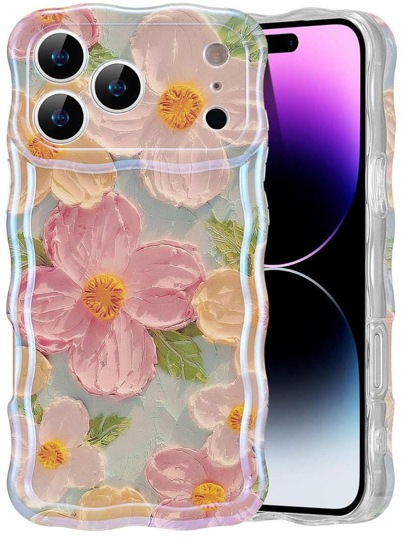 X-level Case for iPhone 17 Pro, Colorful Retro Oil Painting Printed Flower Laser Glossy Pattern Cute Curly Wave Edge Exquisite Phone Cover Stylish Durable TPU Protective Cover  for Girl Women-Green - Image 1