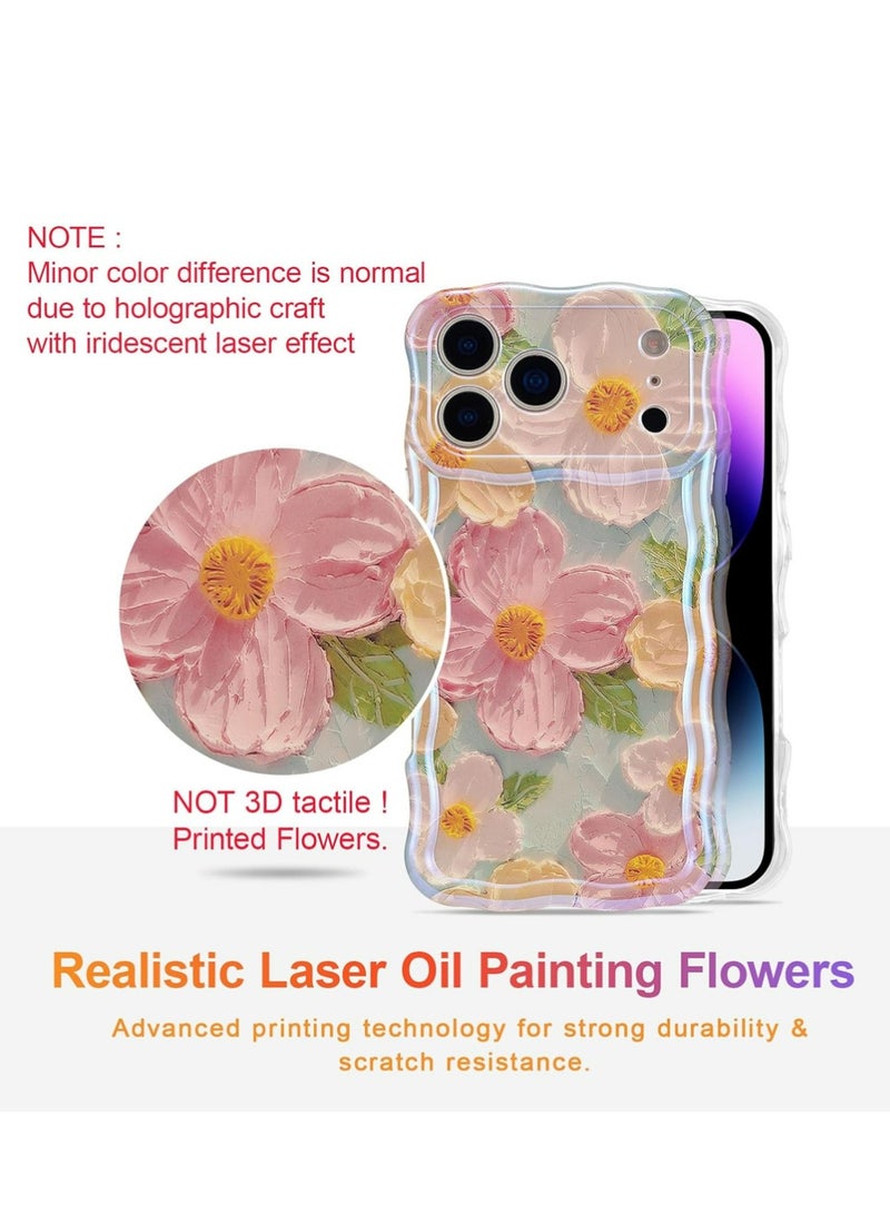 X-level Case for iPhone 17 Pro, Colorful Retro Oil Painting Printed Flower Laser Glossy Pattern Cute Curly Wave Edge Exquisite Phone Cover Stylish Durable TPU Protective Cover  for Girl Women-Green - Image 2