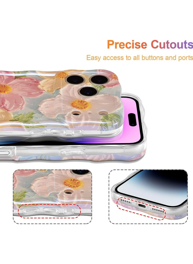 X-level Case for iPhone 17 Pro, Colorful Retro Oil Painting Printed Flower Laser Glossy Pattern Cute Curly Wave Edge Exquisite Phone Cover Stylish Durable TPU Protective Cover  for Girl Women-Green - Image 5