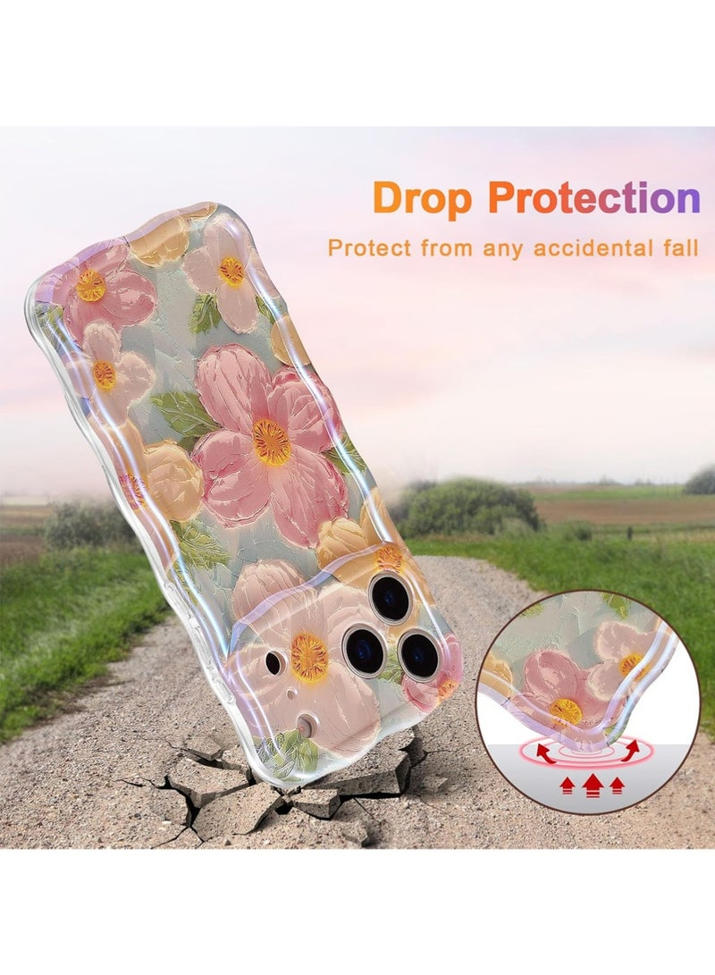 X-level Case for iPhone 17 Pro, Colorful Retro Oil Painting Printed Flower Laser Glossy Pattern Cute Curly Wave Edge Exquisite Phone Cover Stylish Durable TPU Protective Cover  for Girl Women-Green - Image 3