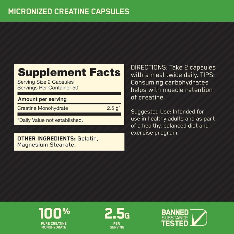 أوبتيموم نيوتريشن Nutrition Micronized Creatine Monohydrate Capsules, Keto Friendly, 2500mg, 100 Capsules - Image 2