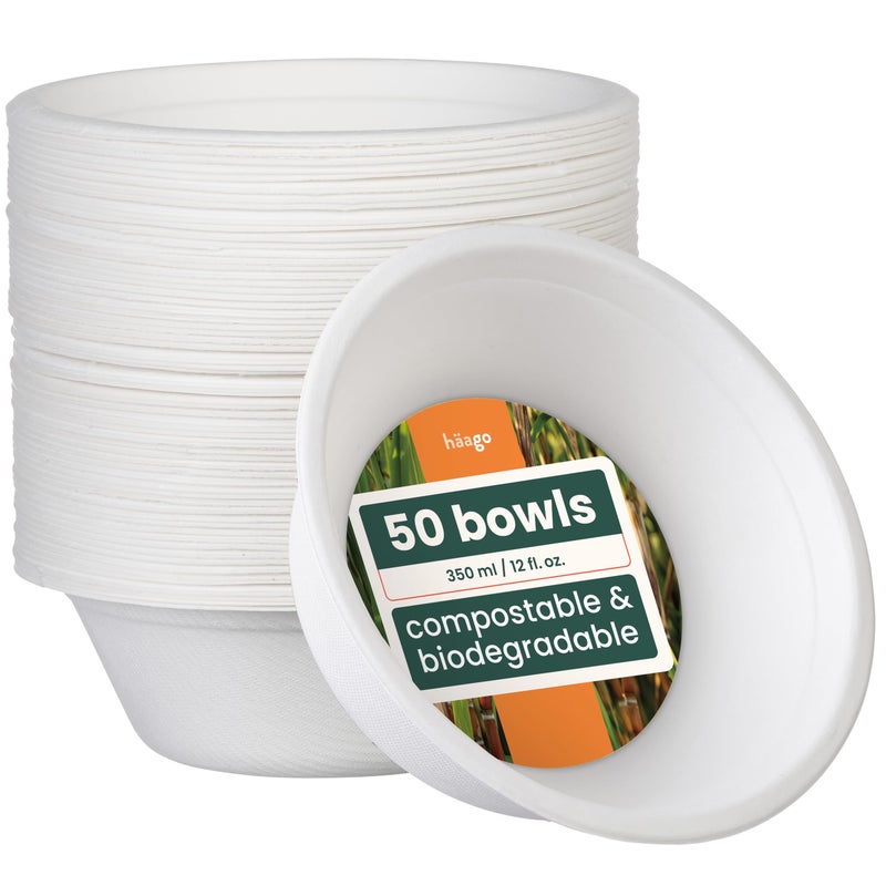 HAAGO  50 Sugarcane Small Paper Bowls Biodegradable  Home Compostable Eco Soup  Snack Bowl for Hot  Cold Food  350 ml