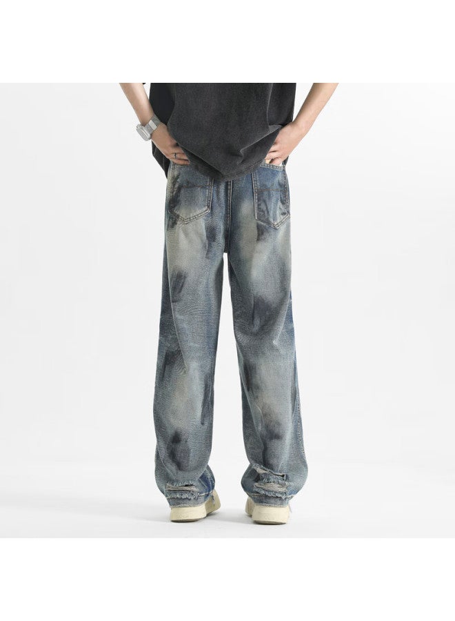 Homlean Men's Spring Loose Straight Leg Casual Wide Leg Jeans Hs46 Blue 2XL - Image 4