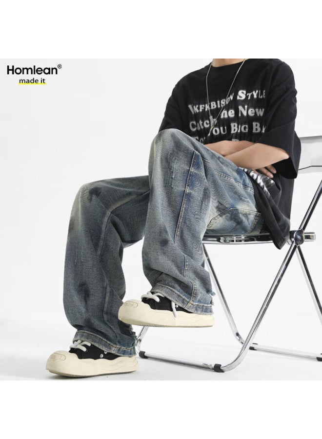 Homlean Men's Spring Loose Straight Leg Casual Wide Leg Jeans Hs46 Blue 2XL - Image 2