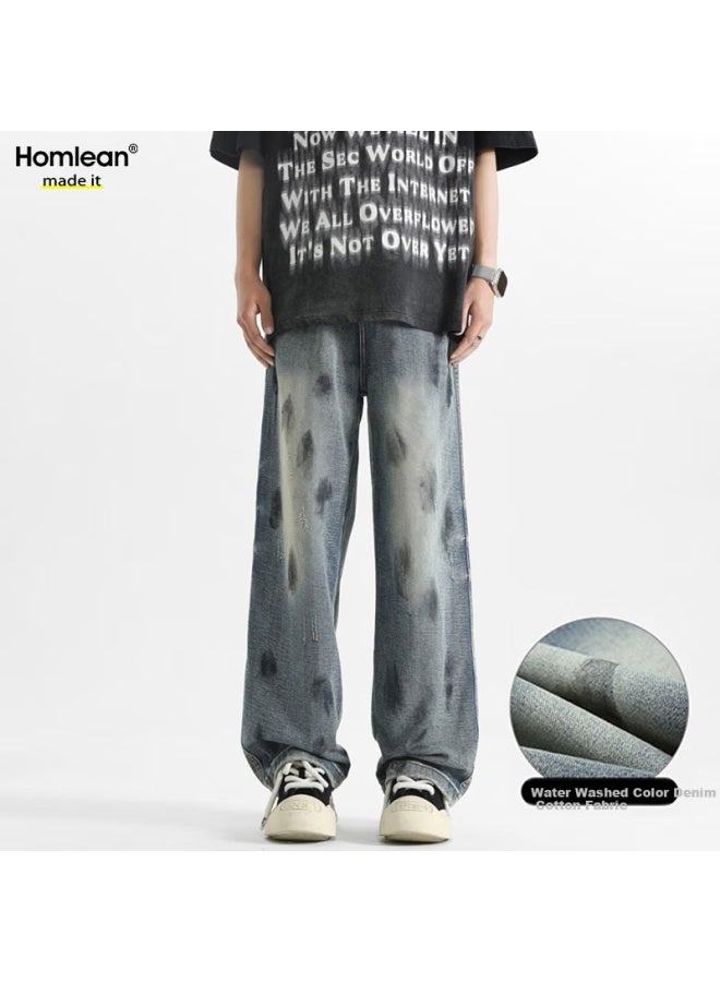 Homlean Men's Spring Loose Straight Leg Casual Wide Leg Jeans Hs46 Blue 2XL - Image 5