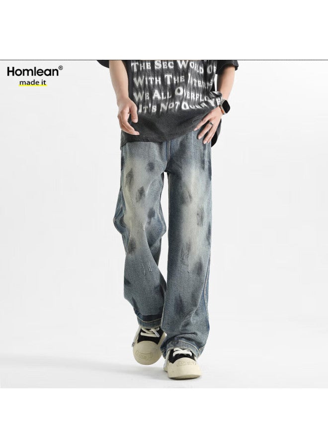 Homlean Men's Spring Loose Straight Leg Casual Wide Leg Jeans Hs46 Blue 2XL - Image 1
