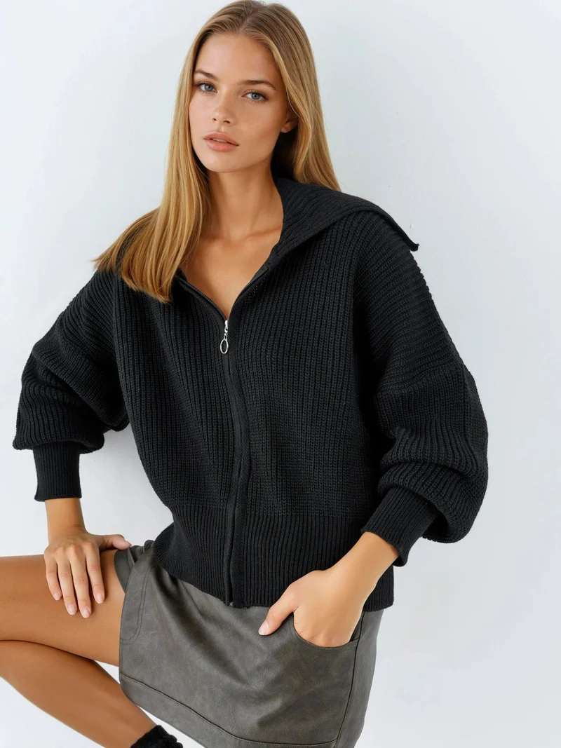 MY FASHION Black MY FASHION Full- Zip Ribbed Knitwear Cardigan for Women | Best Price UAE