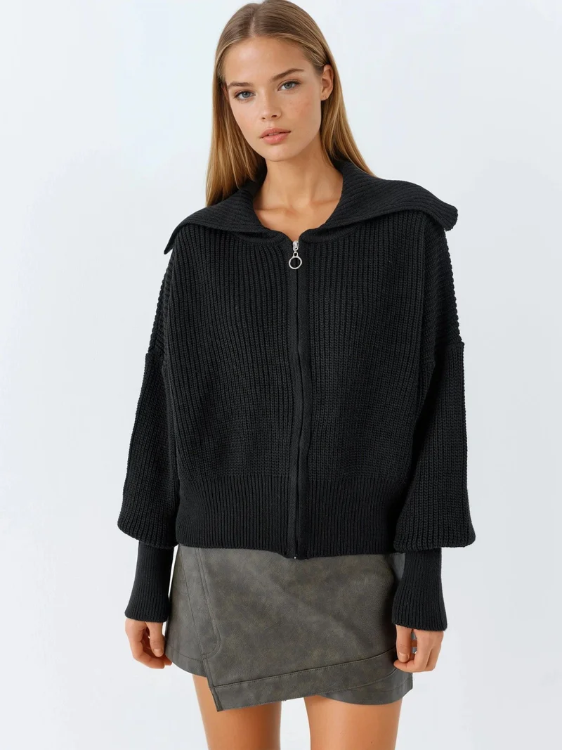 MY FASHION Black MY FASHION Full- Zip Ribbed Knitwear Cardigan for Women | Best Price UAE