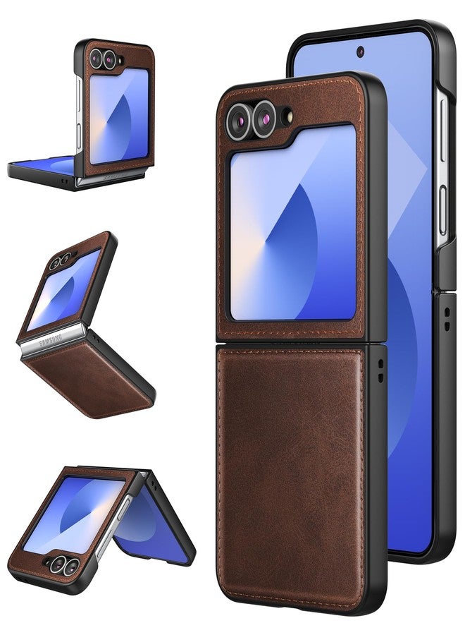Foluu Samsung Galaxy Z Flip 6 5G Case, Galaxy Z Flip 6 Leather Case, PU Leather + Durable Ultra Thin Polycarbonate Hard Protective Case Cover for Samsung Galaxy Z Flip6 5G 2024 (Brown) - Image 1