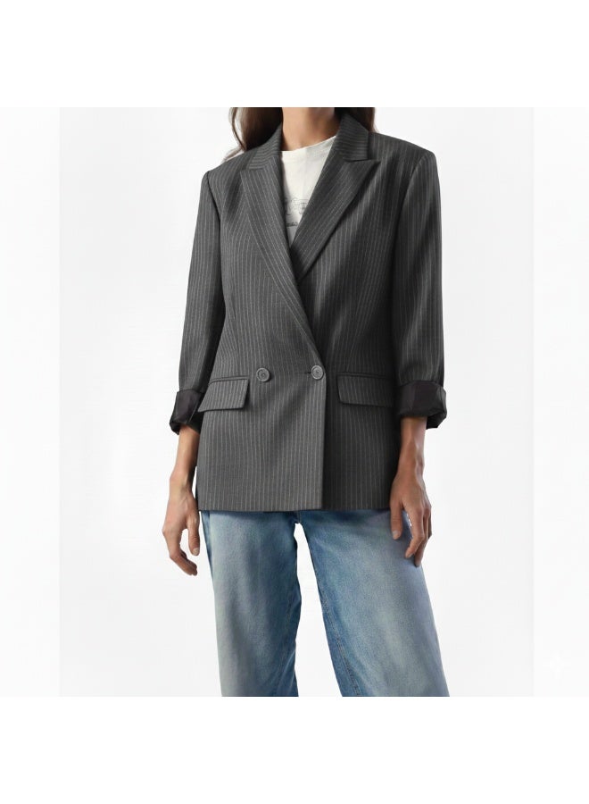 Women’s Grey Pinstripe Double-Breasted Blazer - Image 1